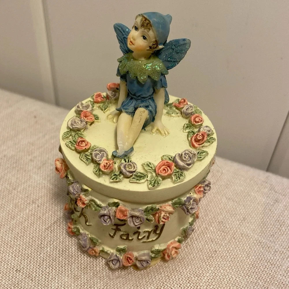 90s DEZINE vintage Tooth Fairy box boy pixie figurine floral trim round trinket
